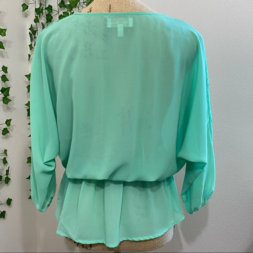 Mint Green Sheer Long Sleeve Blouse w/ Rose Lace- size S - Picture 2 of 12